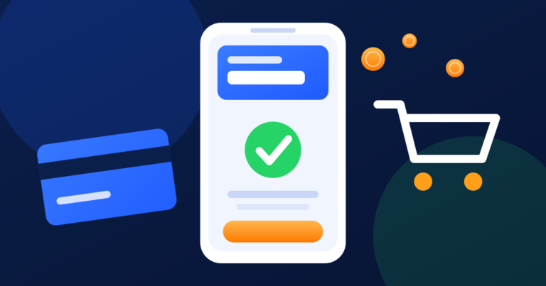 Illustration of a phone showing a successful mobile payment with a shopping cart and card