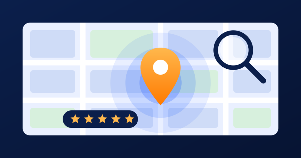 Illustration of a map pin, magnifying glass and five stars for local SEO in Nairobi