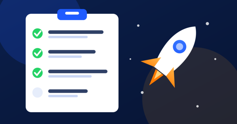 Illustration of a completed checklist and a rocket launching, representing a website launch