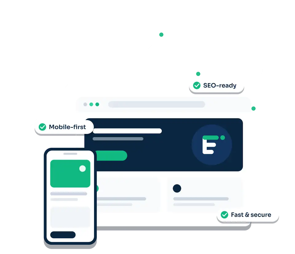 Website and phone mockups showing mobile-first, SEO-ready, fast and secure websites